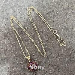 Vintage 10K Yellow Gold Pink & Red Garnet Cluster Pendant Necklace