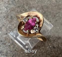 Vintage 10K Yellow Gold Red Ruby & Diamond Cocktail Ring