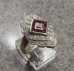 Vintage 10K Yellow Gold Red Ruby & Diamond Shield Cocktail Ring