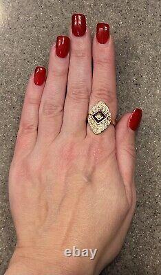 Vintage 10K Yellow Gold Red Ruby & Diamond Shield Cocktail Ring