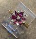 Vintage 14k Yellow Gold Cluster Red Ruby & Diamond Flower Floral Ring