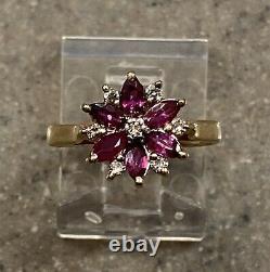 Vintage 14K Yellow Gold Cluster Red Ruby & Diamond Flower Floral Ring