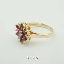 Vintage 14K Yellow Gold Cluster Red Ruby & Diamond Flower Floral Ring