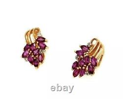 Vintage 14K Yellow Gold Red Ruby & Diamond Cluster Earrings