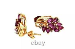 Vintage 14K Yellow Gold Red Ruby & Diamond Cluster Earrings