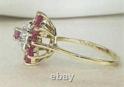 Vintage 14K Yellow Gold Red Ruby & Diamond Flower Floral Ring