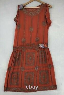 Vintage 1920's 1930's Womens Dress Handmade Great Gatsby Beaded Flapper Red