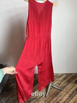 Vintage 1930s Red Silk Beach Pajamas Jumpsuit Womens Wide Leg Deco Rare 30s
