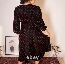 Vintage 1940s Black / Red Velvet Polkadot Puffy Long Sleeve Dress Women's M