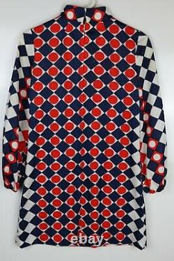 Vintage 1960s Women's Size 7 Red/White/Blue Geometric Patterned Mod Mini Dress