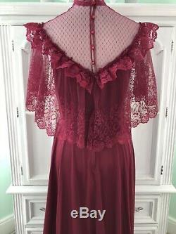Vintage 1970s 1980s Bridesmaid Dress 15/16 Satin Prairie Lace Pink Red