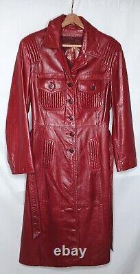 Vintage 1970s TFC Womens 14 Leather Coat Long Red Belted Button Up Lined Retro