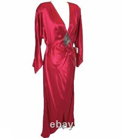 Vintage 1980s 1970s Oleg Cassini Womens Dress Red Silk Sexy Retro Deep V Neck