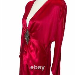 Vintage 1980s 1970s Oleg Cassini Womens Dress Red Silk Sexy Retro Deep V Neck