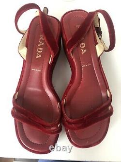 Vintage 1997 Prada Red Velvet Platform Wedge Shoes Sandals Size UK 7 EUR 41