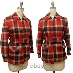 Vintage 40s 50s Red Wool Plaid Belted Mackinaw Jacket Hunting Coat Womens S/M