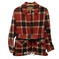 Vintage 40s 50s Red Wool Plaid Belted Mackinaw Jacket Hunting Coat Womens S/M