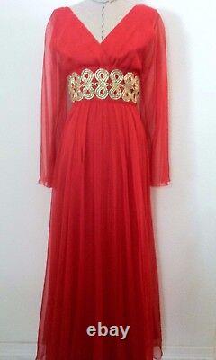 Vintage 60's womens dress red long gown gold trim special occasion size XXS XS