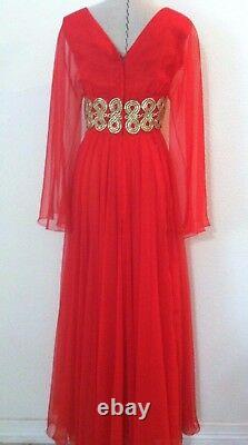 Vintage 60's womens dress red long gown gold trim special occasion size XXS XS