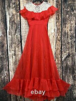 Vintage 70's Womens Formal Bridesmaid Dress Ruffle Lace Lined Long Gown XS 0 1