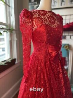 Vintage 70s 80s Red Lace Illusion Fit & Flair Party Dress 36 M