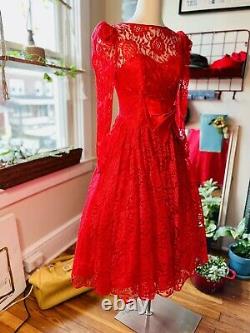 Vintage 70s 80s Red Lace Illusion Fit & Flair Party Dress 36 M