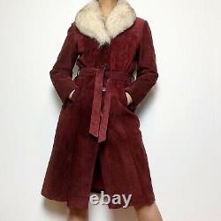 Vintage 70s Genuine Suede Trench Coat With Fox Fur Collar