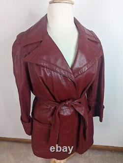 Vintage 70s Leather Jacket Maroon Red Trench Spy Coat Belted Bomber XL Disco