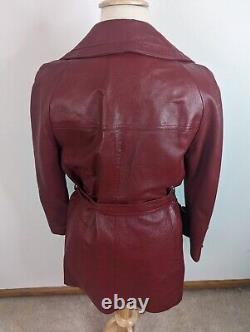 Vintage 70s Leather Jacket Maroon Red Trench Spy Coat Belted Bomber XL Disco