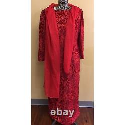 Vintage 70s Red Rose Burnout Velvet Dress with Scarf Women's 18