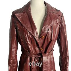 Vintage 70s Sherpa Lined Leather Jacket S Maroon Red Trench Spy Coat Belted