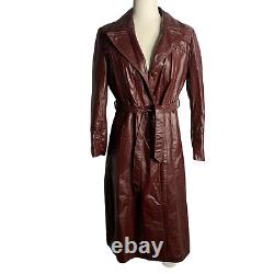 Vintage 70s Sherpa Lined Leather Jacket S Maroon Red Trench Spy Coat Belted