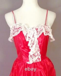 Vintage 80s LOUD red & white Lace Satin Prom Dress Saloon Southern Belle sz 5/6