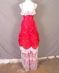 Vintage 80s LOUD red & white Lace Satin Prom Dress Saloon Southern Belle sz 5/6