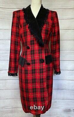 Vintage 80s Red Plaid Coat Dress S Double Breasted Velvet Trim Fringe Holiday