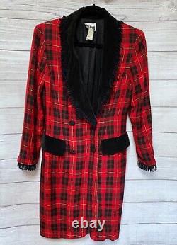 Vintage 80s Red Plaid Coat Dress S Double Breasted Velvet Trim Fringe Holiday