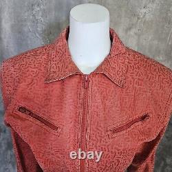 Vintage 80s Tip Top Womens S Red Geo Pattern Cropped Leather Jacket Glam Rock