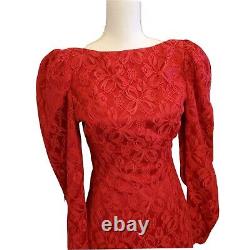 Vintage 80s Womens Size Small Red Lace Prom Formal Gown Drop Waist Bow Midi
