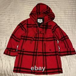 Vintage 80s Woolrich Womens Red Black Plaid Blanket Hooded Long Coat Large/L USA