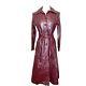 Vintage 80s Xs Maroon Leather Trench Coat Long Fitted Overcoat