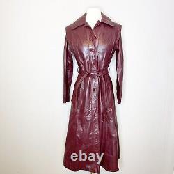 Vintage 80s XS Maroon Leather Trench Coat Long Fitted Overcoat
