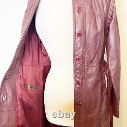 Vintage 80s XS Maroon Leather Trench Coat Long Fitted Overcoat