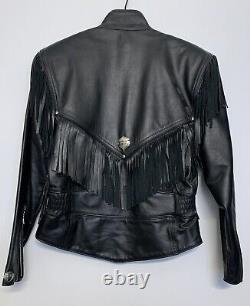 Vintage 90s Harley Davidson Womens Leather Jacket, Fringe, Red Lining, Size XS