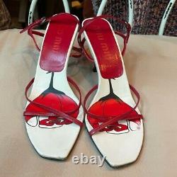 Vintage 90s Miu Miu Square Toe Heeled Sandal Red White Rose Size 8.5