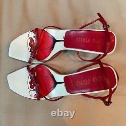 Vintage 90s Miu Miu Square Toe Heeled Sandal Red White Rose Size 8.5