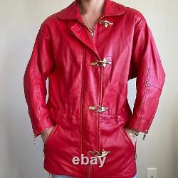 Vintage 90s Womens Andrew Marc Bright Red Soft Leather Claw Clasp Jacket Sz 8