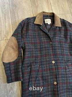 Vintage 90s Woolrich Plaid Trench Coat Womens M Made in USA Leather Trim Patches