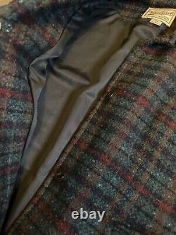 Vintage 90s Woolrich Plaid Trench Coat Womens M Made in USA Leather Trim Patches
