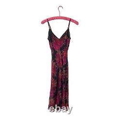 Vintage 90s Y2K Betsey Johnson Black Mustard Red Floral Print Silk Slip Dress P