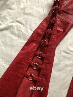 Vintage 90s Y2k Red Snakeskin Fetish Leather Cut Out Lace Up Loop Trousers Uk14